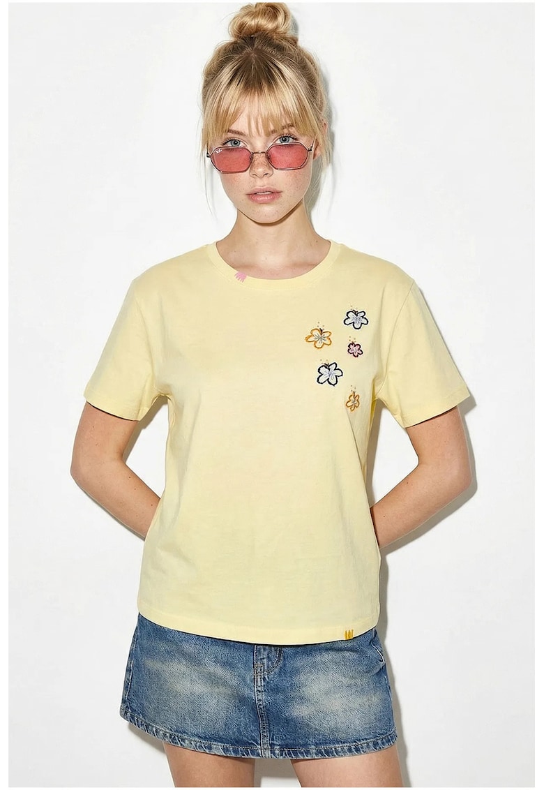 Tricou dama - guler rotund - broderie florala - galben chihlimbar - 100% bumbac