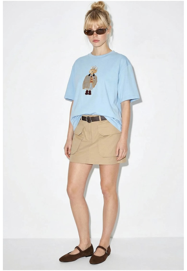 Tricou dama guler rotund - brodat - albastru deschis - 100% bumbac
