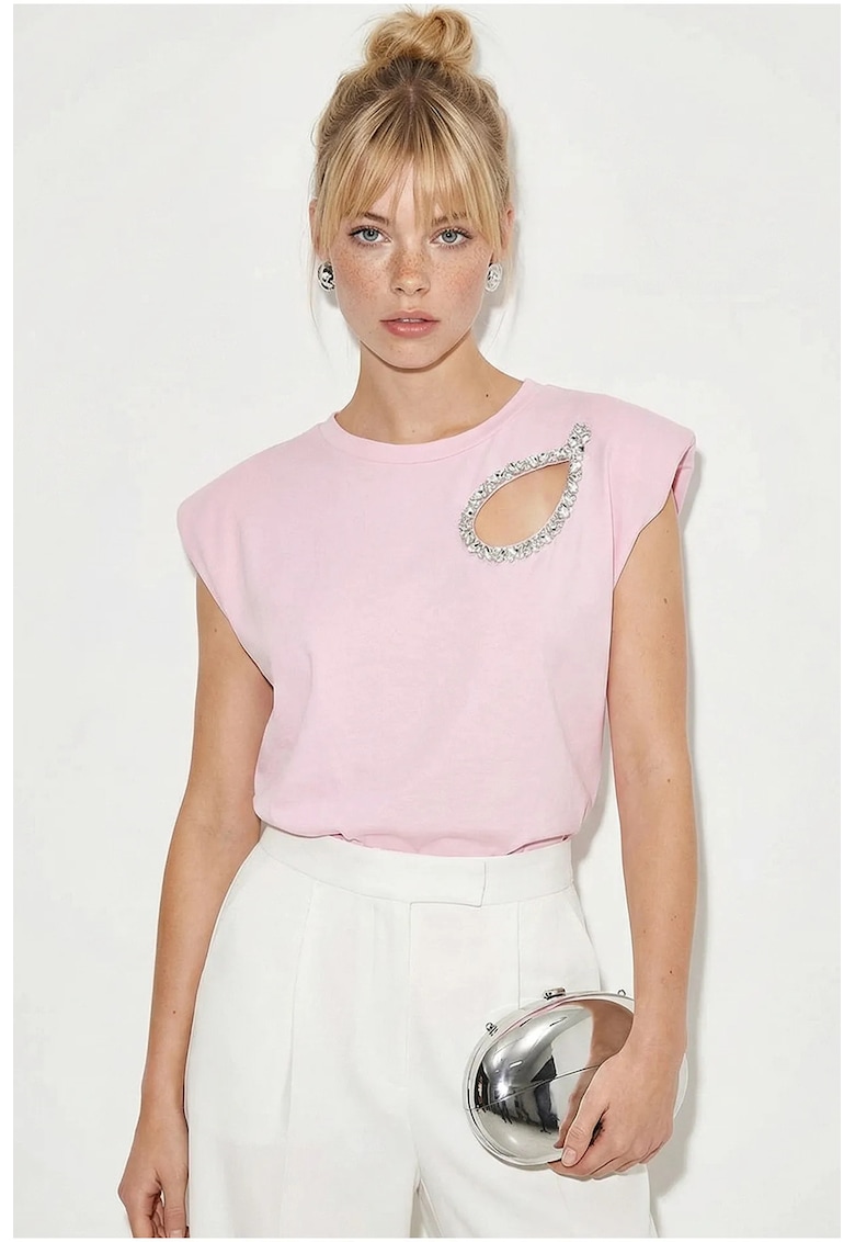 Tricou dama - decolteu rotund - decupaje - roz - 100% bumbac