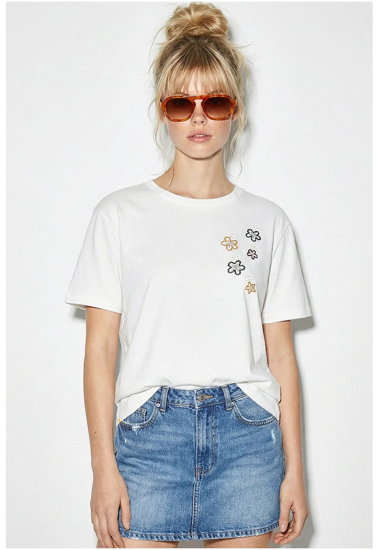 Tricouri dama - tricou cu guler rotund - broderie florala - alb - 100% bumbac