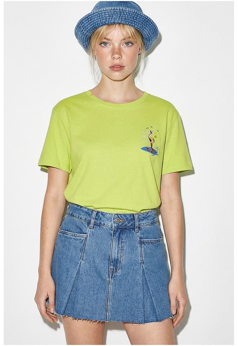 Tricou dama - bumbac - broderie - verde lime