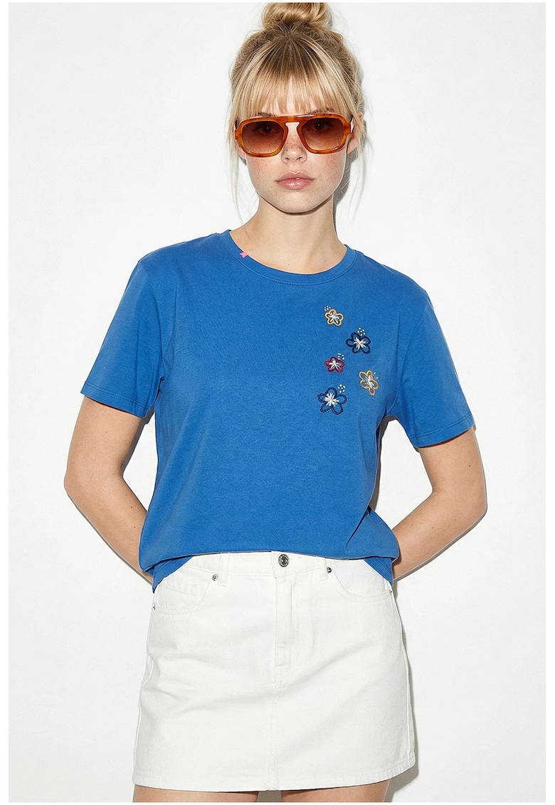 Tricou dama - guler rotund - broderie florala - bleumarin - 100% bumbac