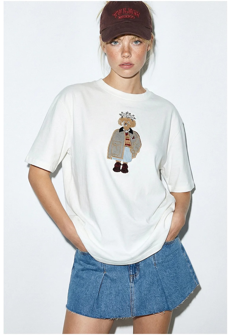 Tricou dama guler rotund - brodat - alb - bumbac