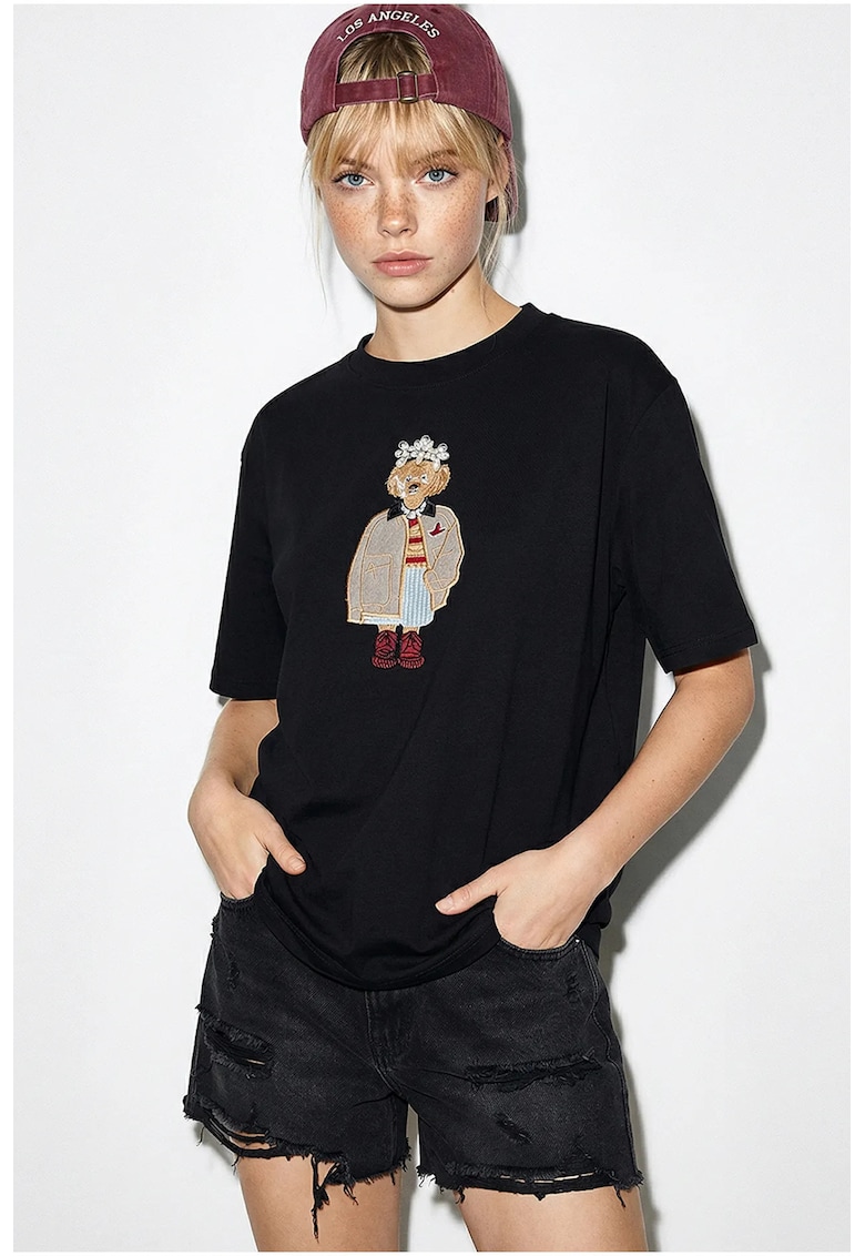 Tricou dama guler rotund - brodat - negru - bumbac