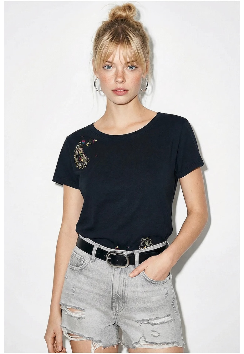 Tricouri dama - tricou de baza cu guler in U - brodat - negru - 100% bumbac