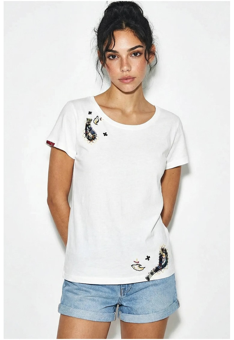 Tricouri dama - tricou de baza cu guler in U - alb - brodat - 100% bumbac