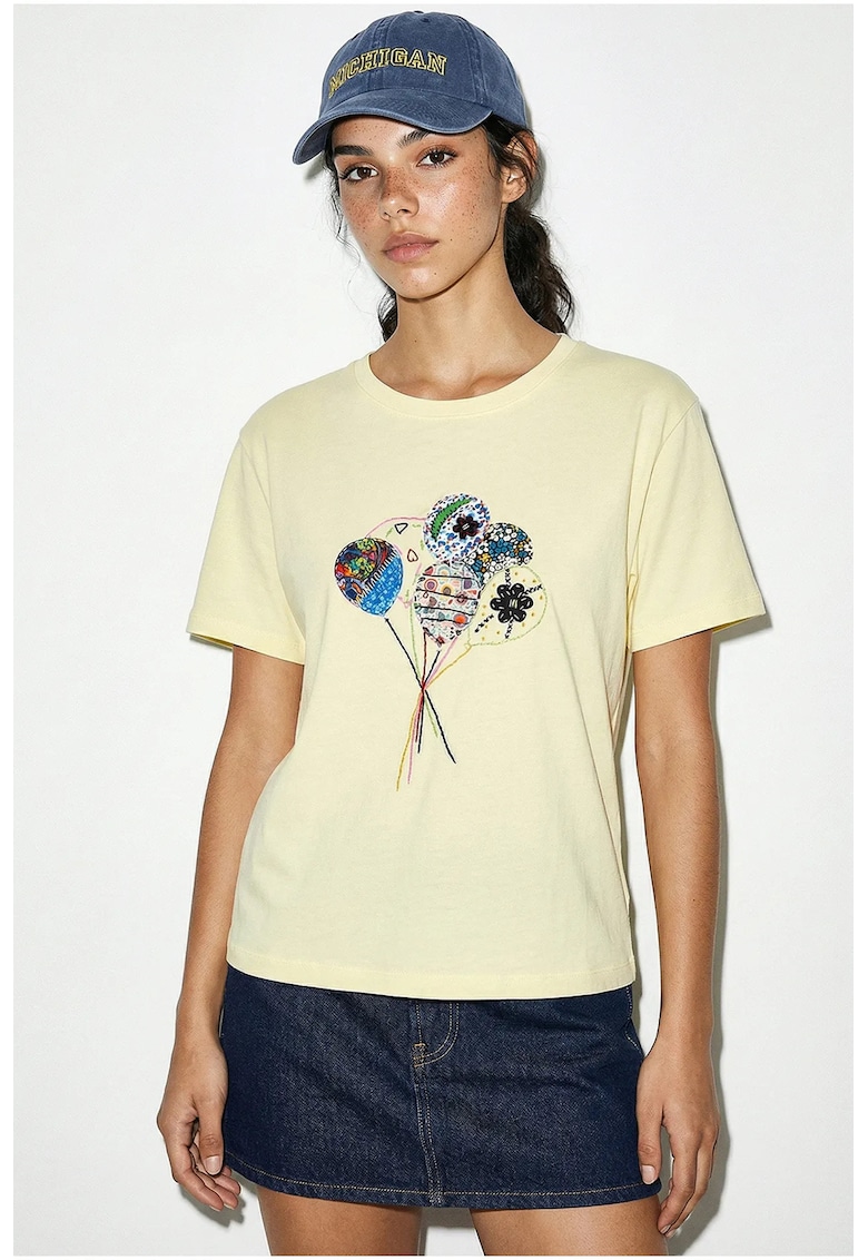 Tricou dama - guler rotund - brodat - galben chihlimbar - 100% bumbac