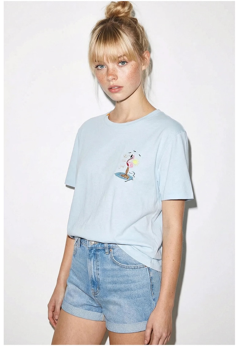Tricou dama - bumbac - broderie - albastru deschis