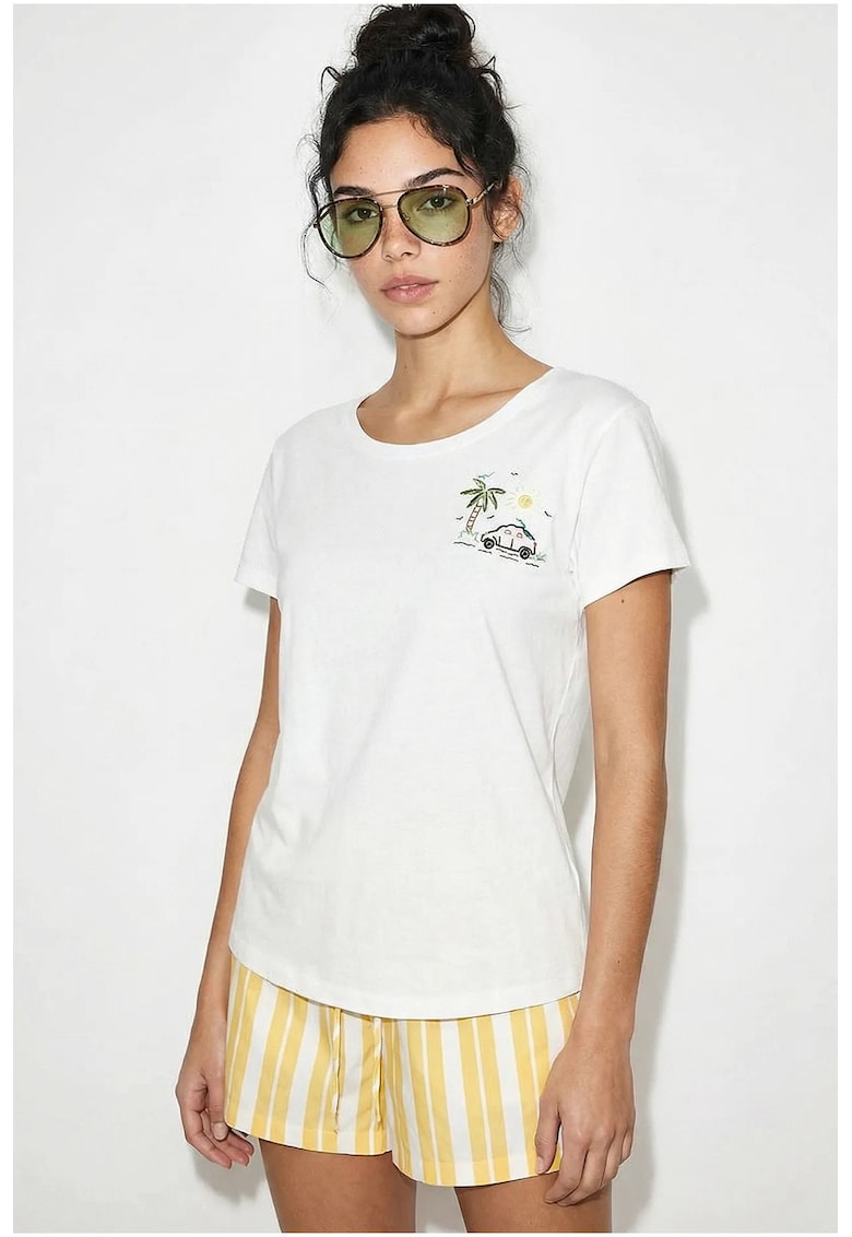 Tricou dama - guler rotund - brodat - alb - 100% bumbac