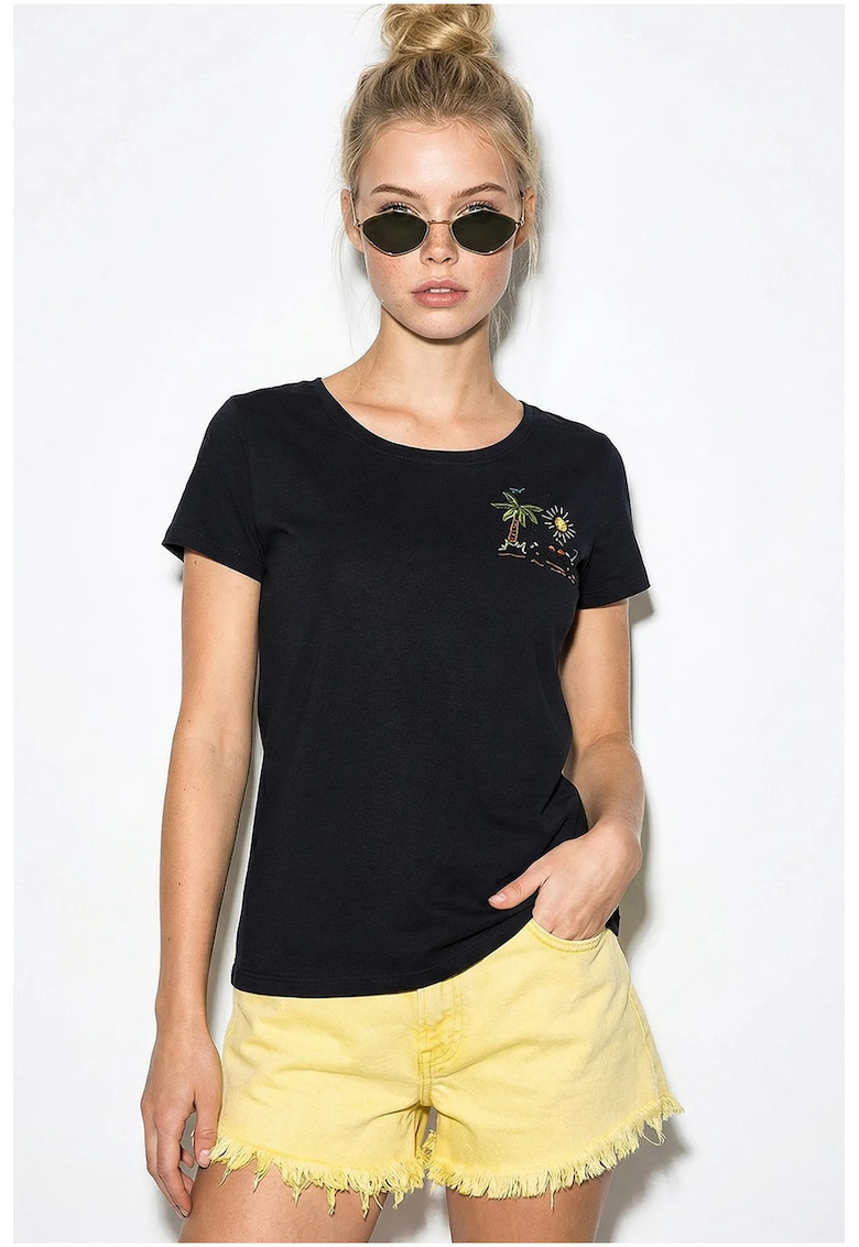 Tricou dama - guler rotund - brodat - negru - 100% bumbac