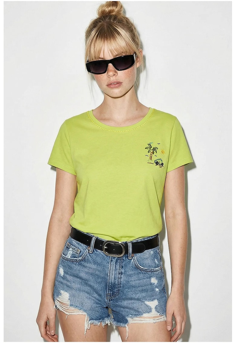 Tricou dama - brodat - verde lime - 100% bumbac