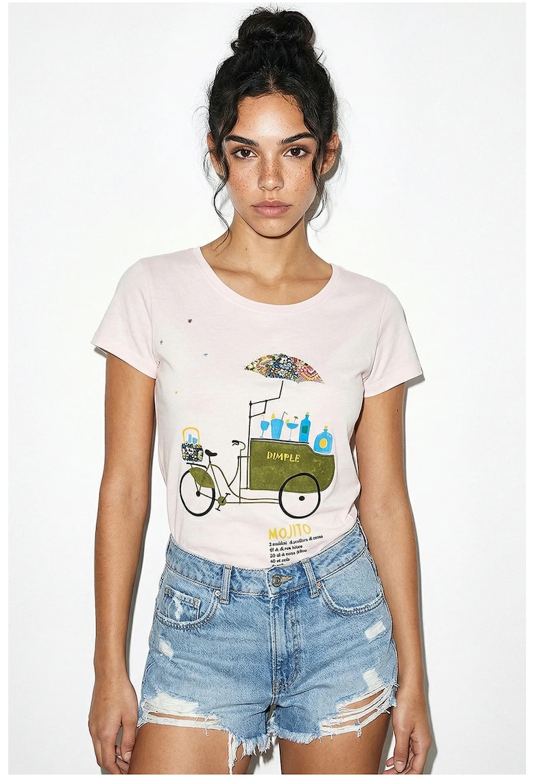 Tricou dama - guler rotund - brodat - roz - bumbac