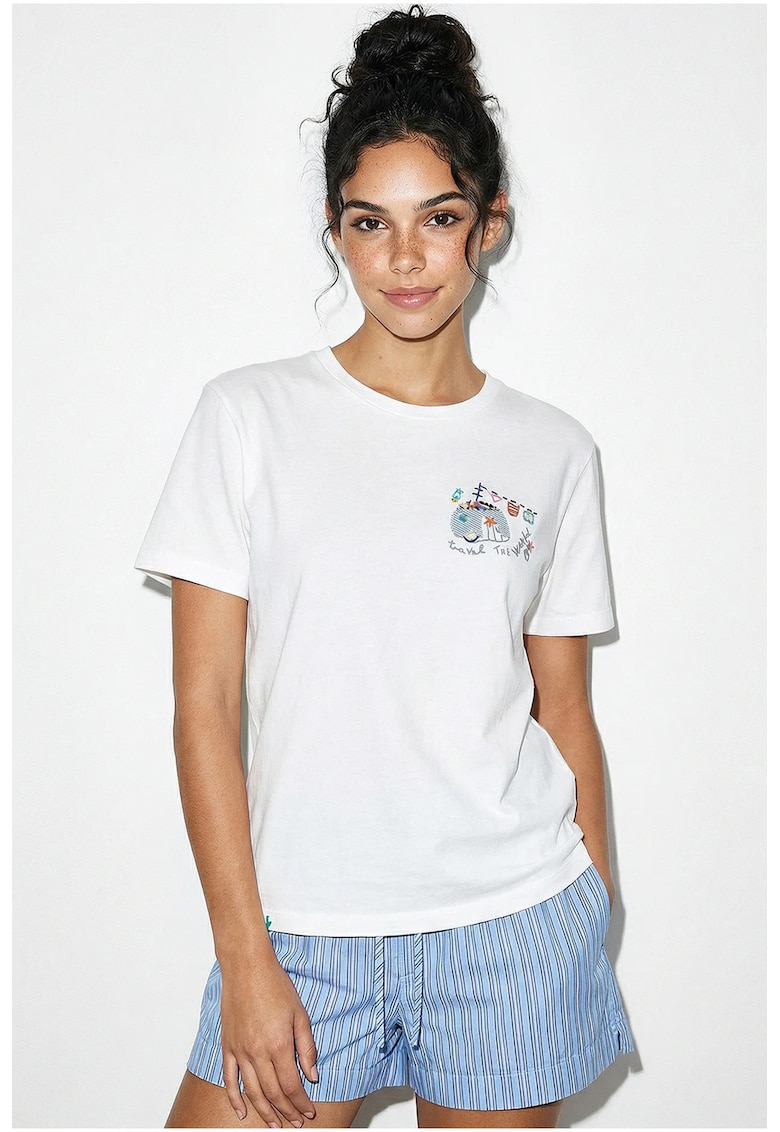 Tricou dama guler rotund - brodat - alb - 100% bumbac