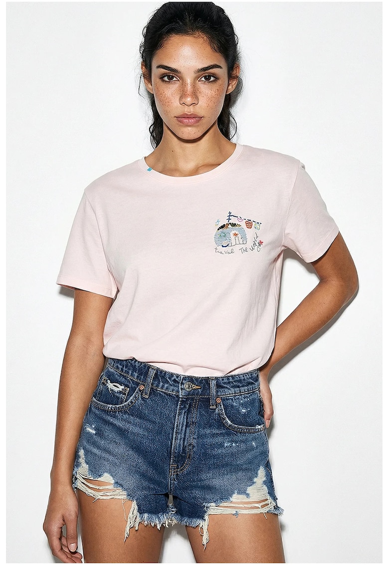 Tricou dama - brodat - roz pudra - 100% bumbac