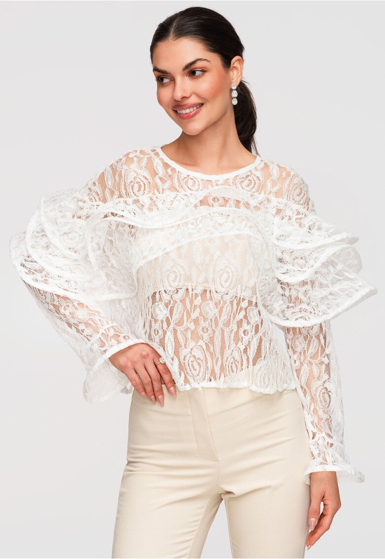 Bluza dama eleganta din dantela florala - croiala lejera - maneci lungi - Alb