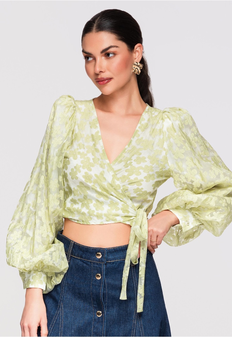 Bluza tip ie - cu maneci bufante - material semi-transparent si croiala cambrata - Verde
