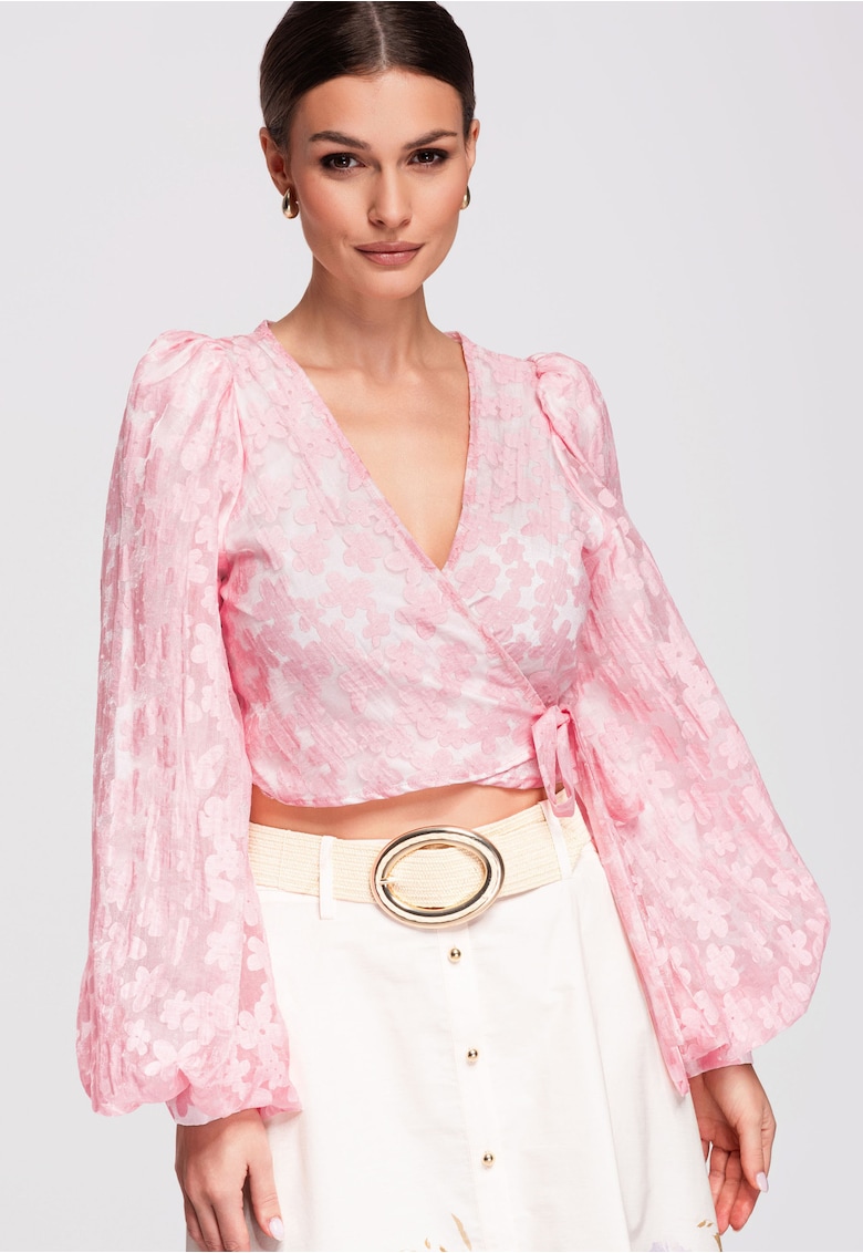 Bluza tip ie - cu maneci bufante - material semi-transparent si croiala cambrata - Roz