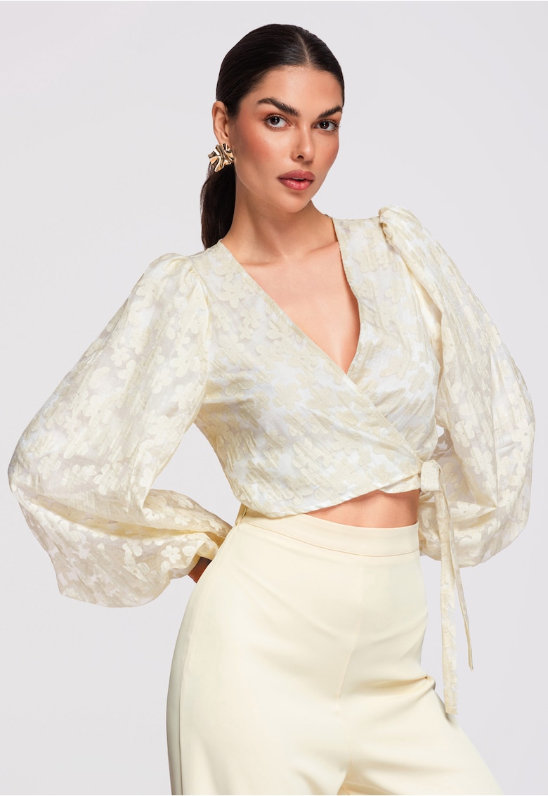 Bluza tip ie - cu maneci bufante - material semi-transparent si croiala cambrata - Bej