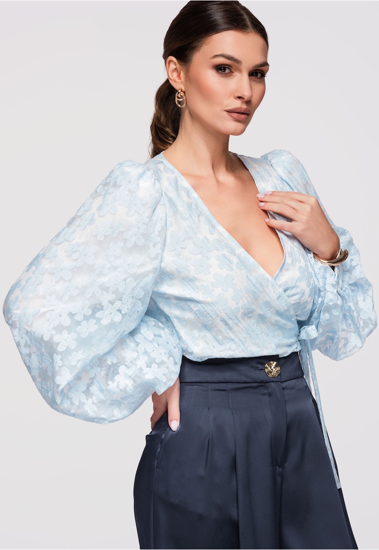 Bluza tip ie - cu maneci bufante - material semi-transparent si croiala cambrata - Albastru