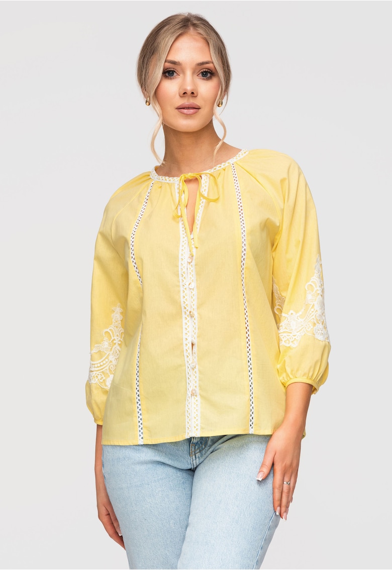 Camasa Dama Lejera Bumbac cu Detalii Brodate Stil Boho Romantic - Galben