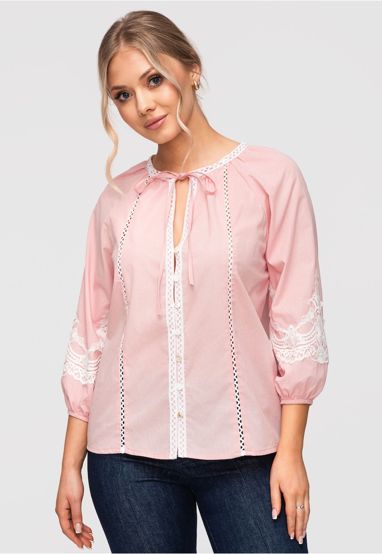 Camasa Dama Lejera Bumbac cu Detalii Brodate Stil Boho Romantic - Roz