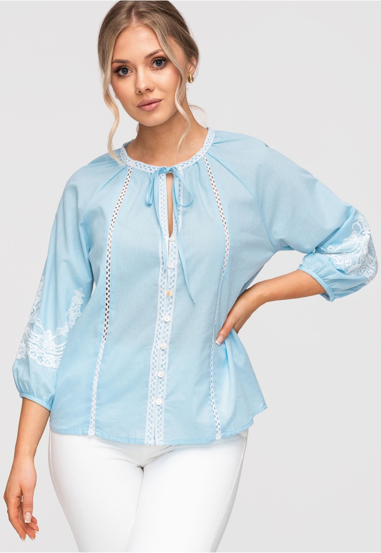 Camasa Dama Lejera Bumbac cu Detalii Brodate Stil Boho Romantic - Albastru