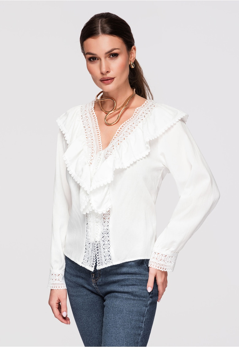 Camasa Dama Eleganta - Crosetata - Maneci Lungi - Decolteu V - Bumbac - Alb