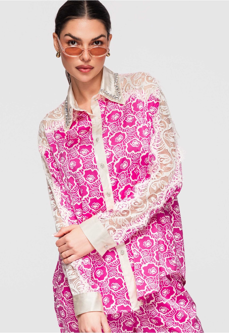 Camasa dama eleganta cu detalii transparente si aplicatii florale - croiala lejera - Fucsia