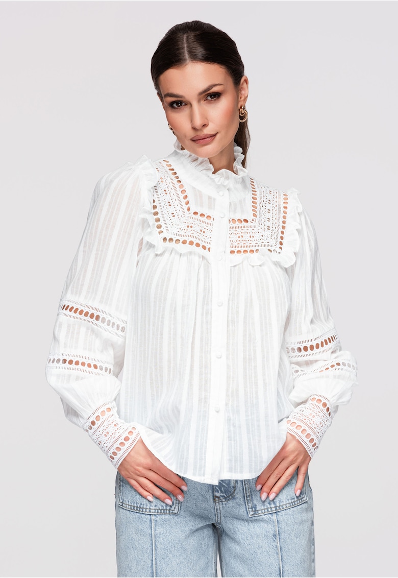 Camasa Dama Eleganta - Bumbac Texturat - Croiala Lejera cu Volane - Alb