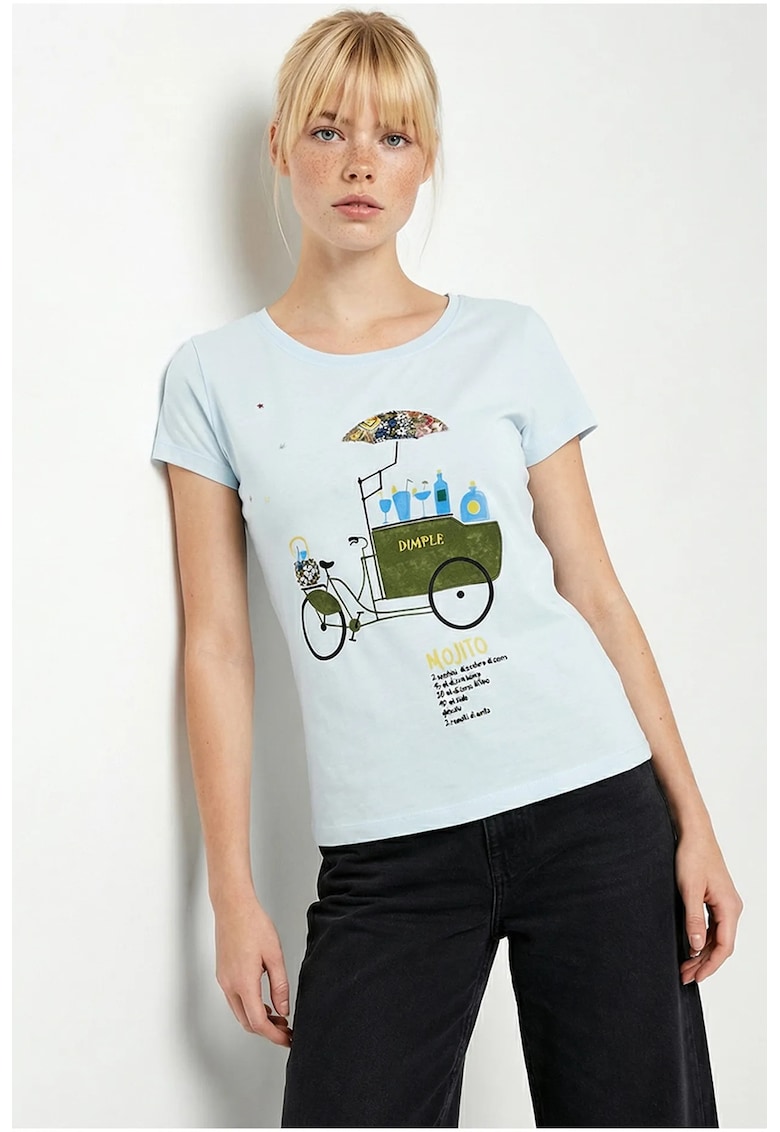 Tricou dama - guler rotund - brodat - Albastru deschis - 100% bumbac