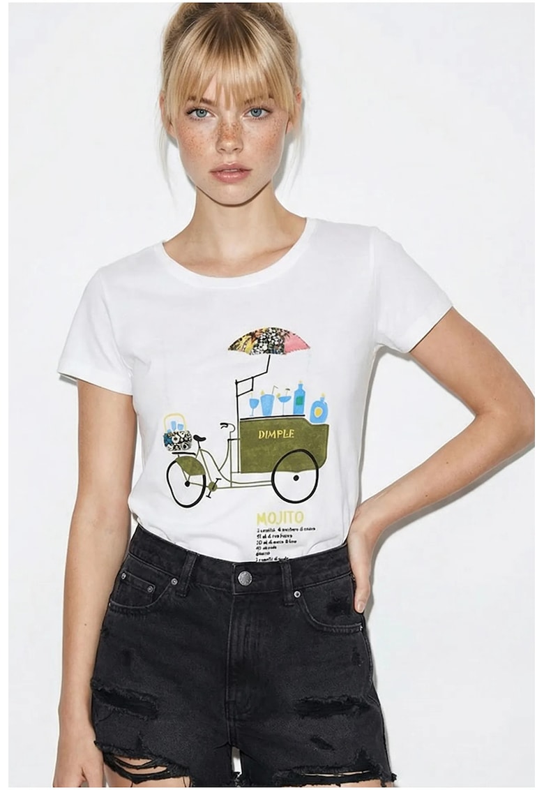 Tricou dama - guler rotund - brodat si imprimat - alb - 100% bumbac
