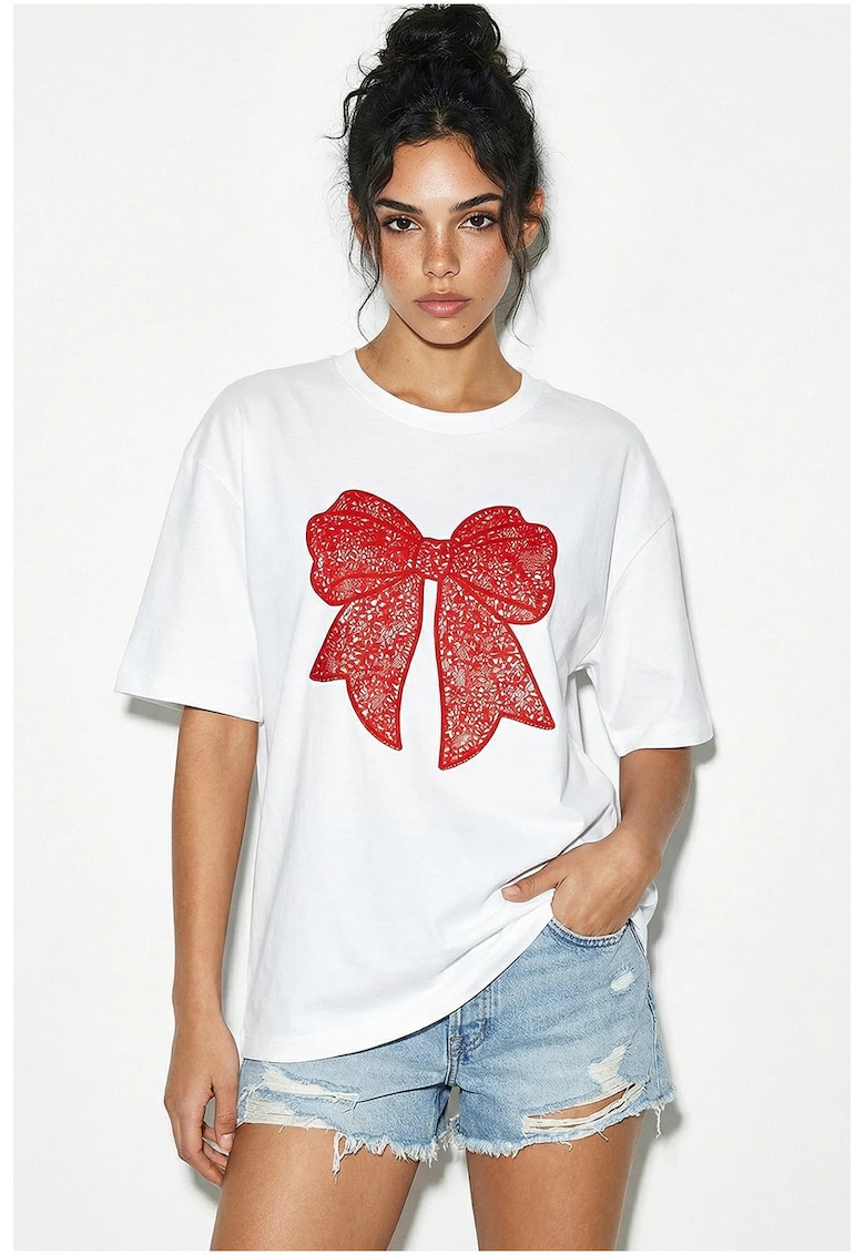 Tricou dama supradimensionat cu imprimeu - alb - bumbac -