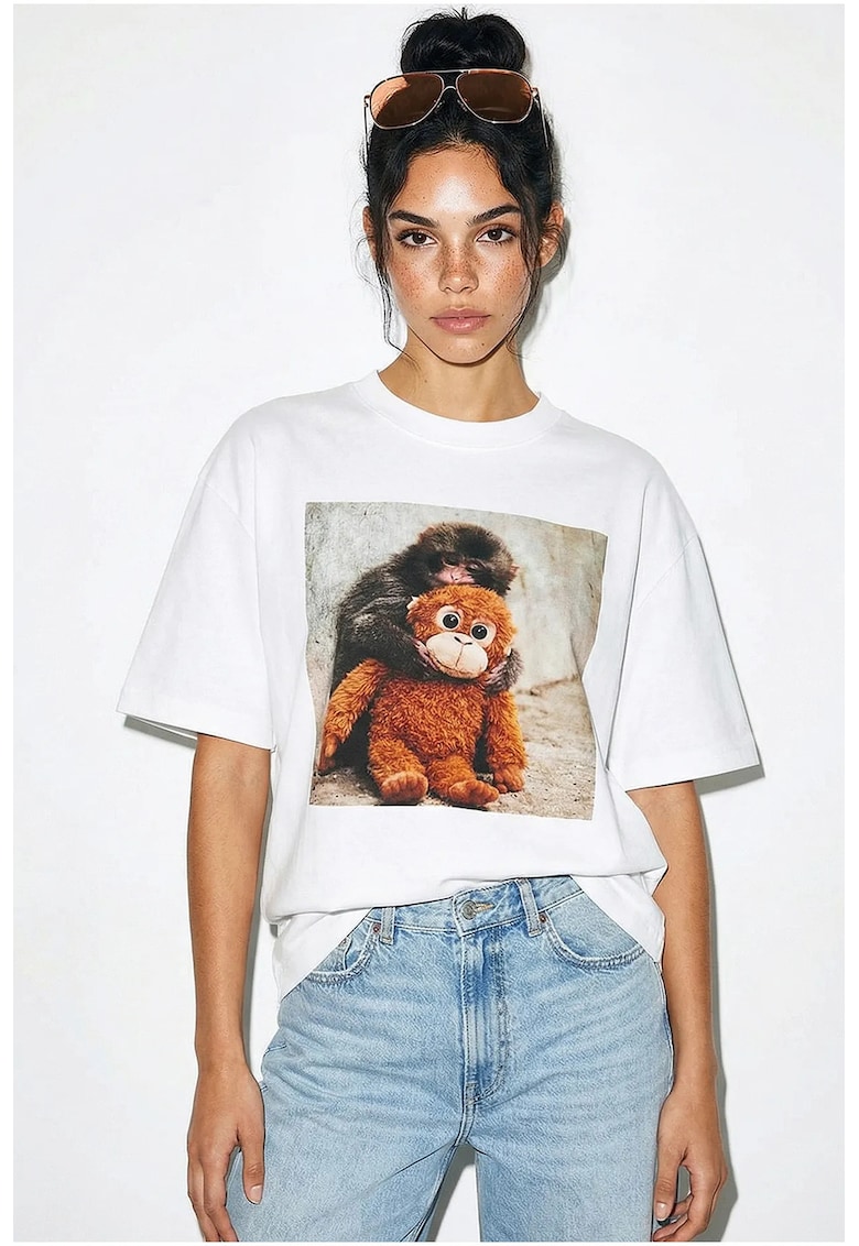 Tricou dama - supradimensionat - imprimeu - alb - bumbac -