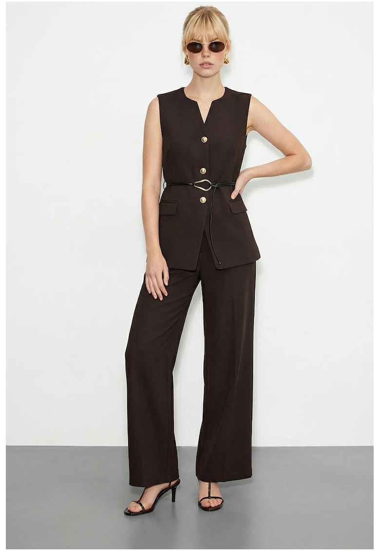 Costum elegant - set asortat - talie inalta - decolteu in V - maro mocha - poliester/bumbac