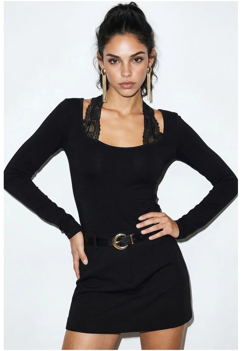 Bluza dama - Negru - Guler patrat - Slim fit