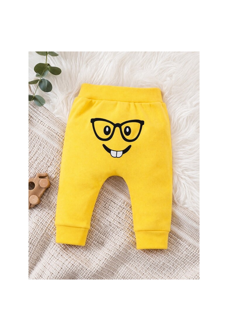 Pantaloni bebe galbeni bumbac imprimeu fata zambet confortabili