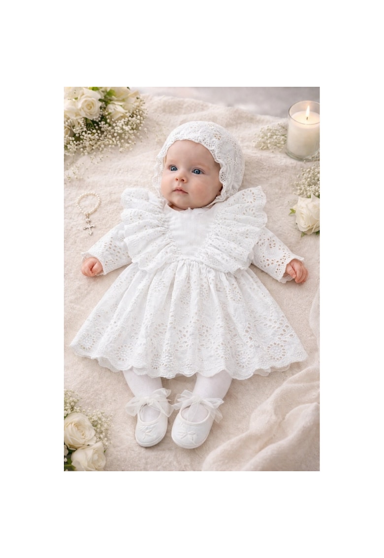 Rochita botez fetita din bumbac set elegant cu bonetica si accesorii