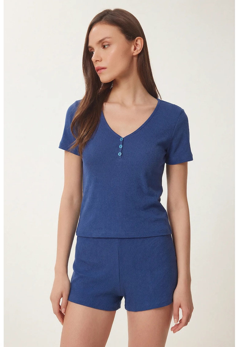 Set pijama femei - Happiness Istanbul - decolteu in V - bleumarin - bumbac-elastan