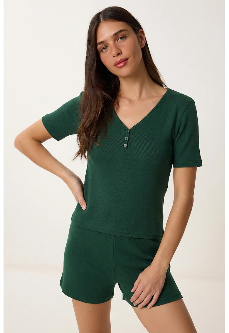 Set pijamale femei - Happiness Istanbul - decolteu in V - verde smarald - 95% bumbac - 5% elastan