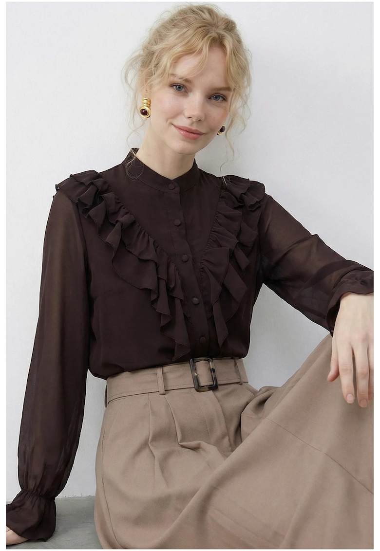 Camasi dama - camasa din sifon cu maneca lunga - volane - maro mocha inchis - 100% poliester