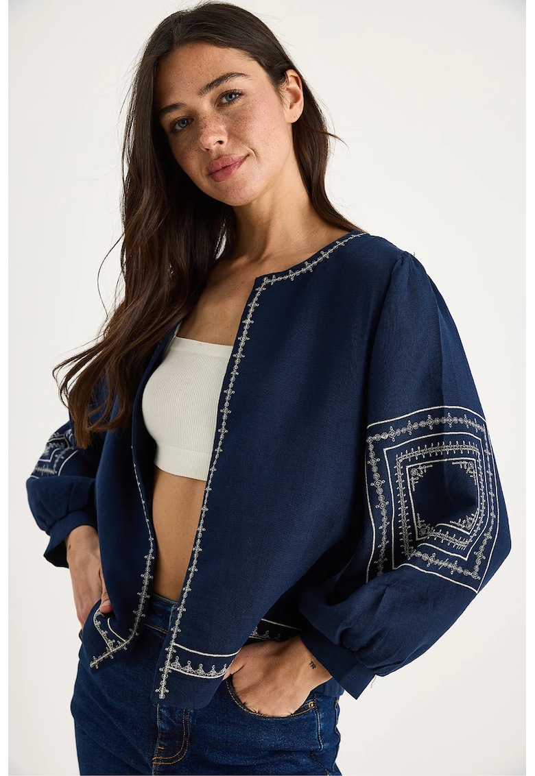 Jacheta casual brodata - albastru marin - bumbac - guler rotund - maneci lungi