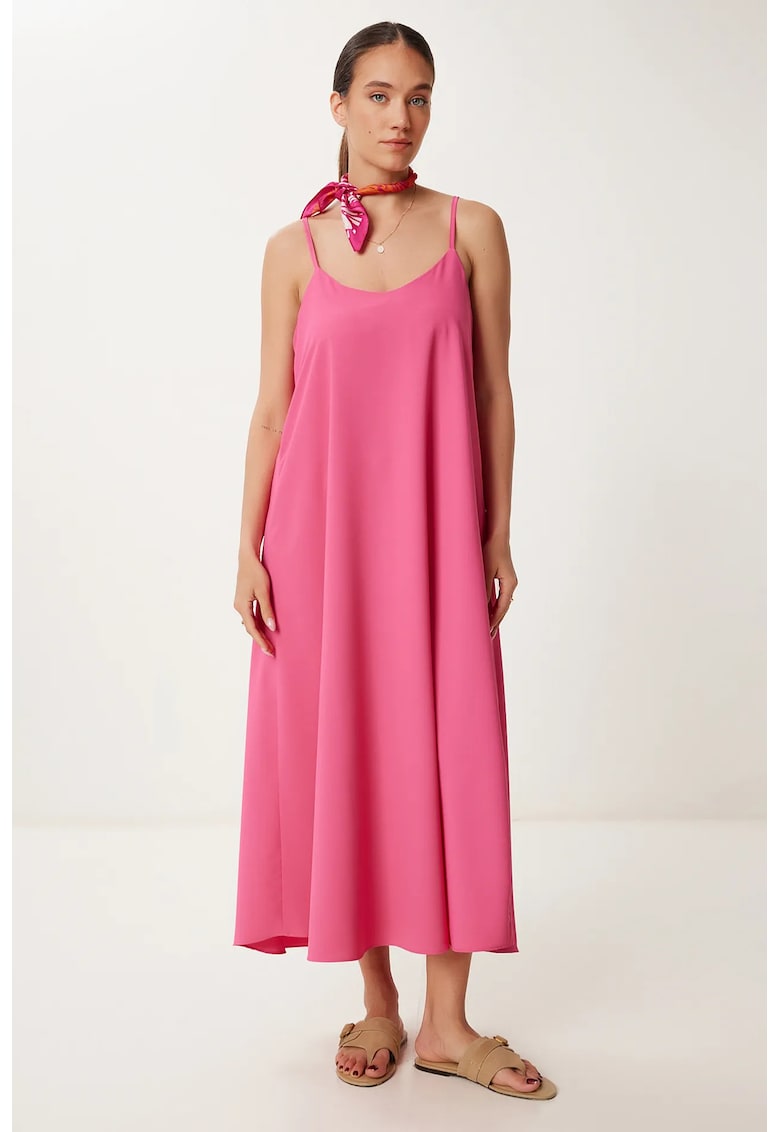 Rochie midi Happiness Istanbul - croiala lejera - roz - poliester/bumbac -
