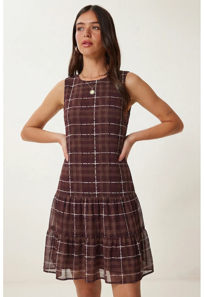 Rochie mini - Happiness Istanbul - model cu carouri - volane - mov - poliester -