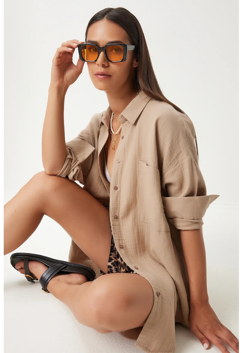 Camasi dama - Happiness Istanbul - camasa supradimensionata din bumbac texturat cu buzunar - bej natural - maneca lunga -