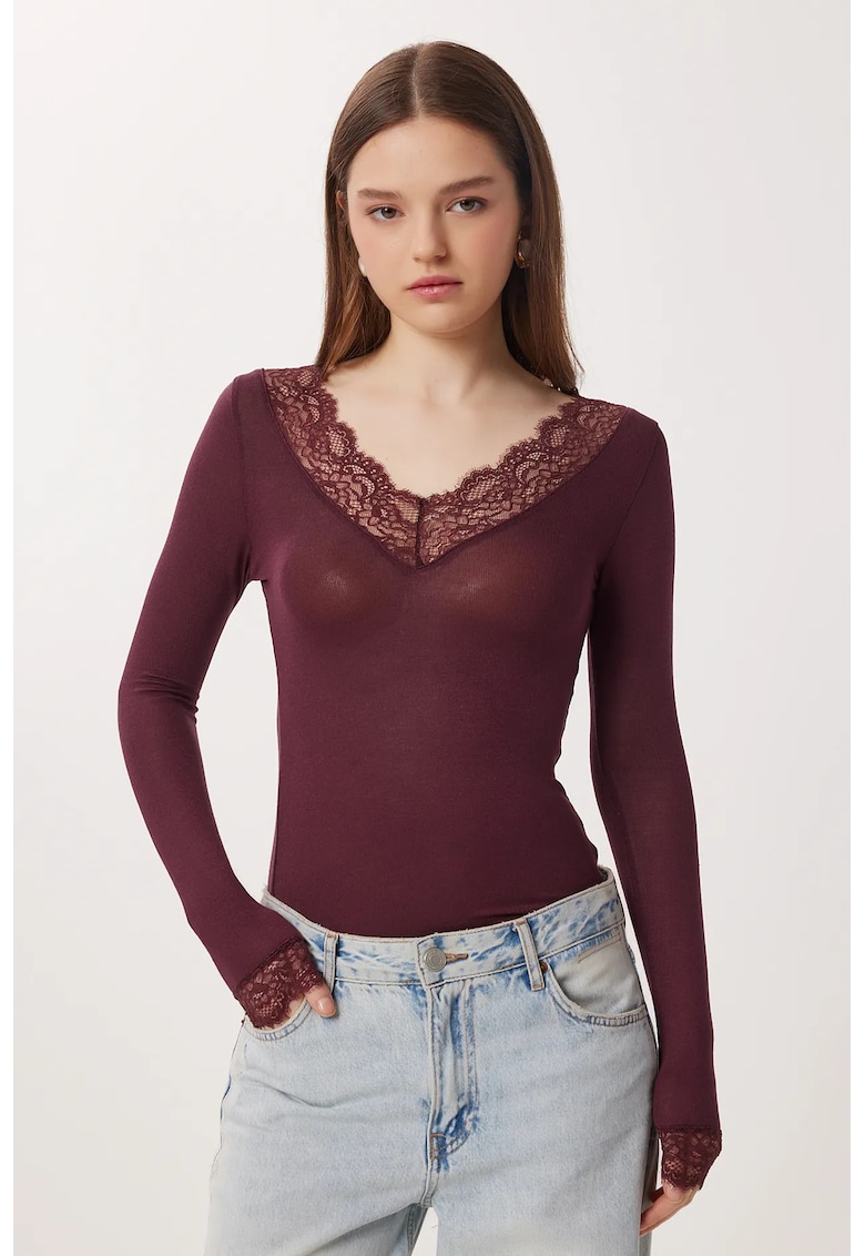 Bluza dama - Happiness Istanbul - Mov inchis - Dantela - Decolteu in V