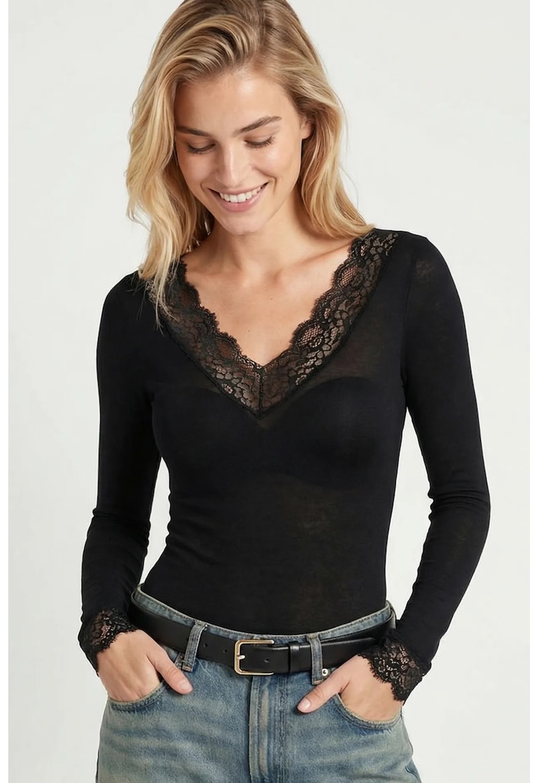 Bluza dama - Happiness Istanbul - Negru - Dantela - Decolteu in V