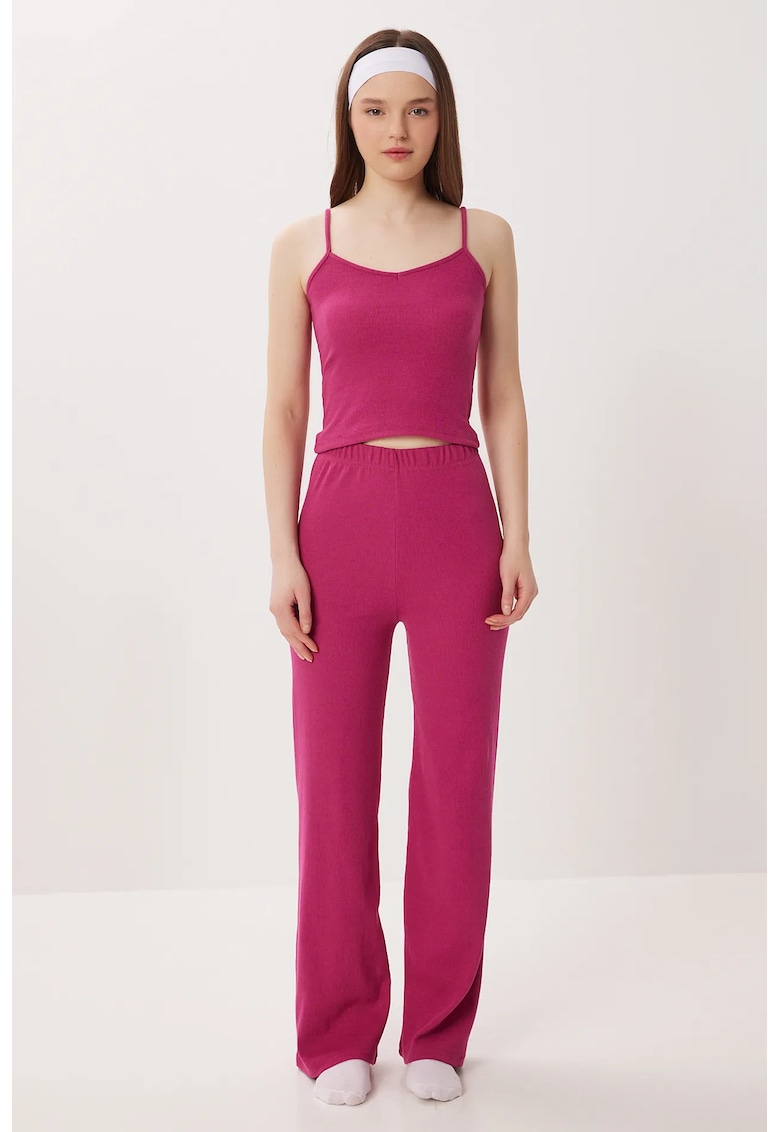 Set pijamale - Happiness Istanbul - tricotat cu decolteu in V - cu nervuri - roz magenta - bumbac