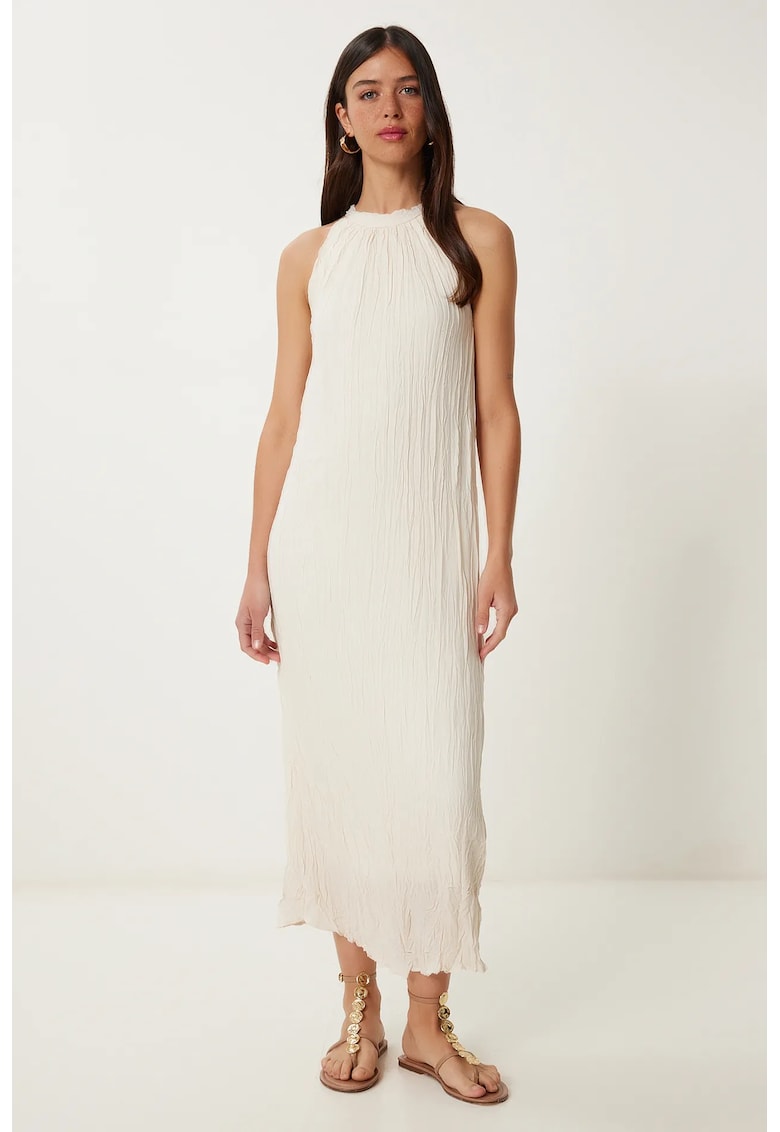 Rochie midi - Happiness Istanbul - texturata - crem - bumbac/elastan
