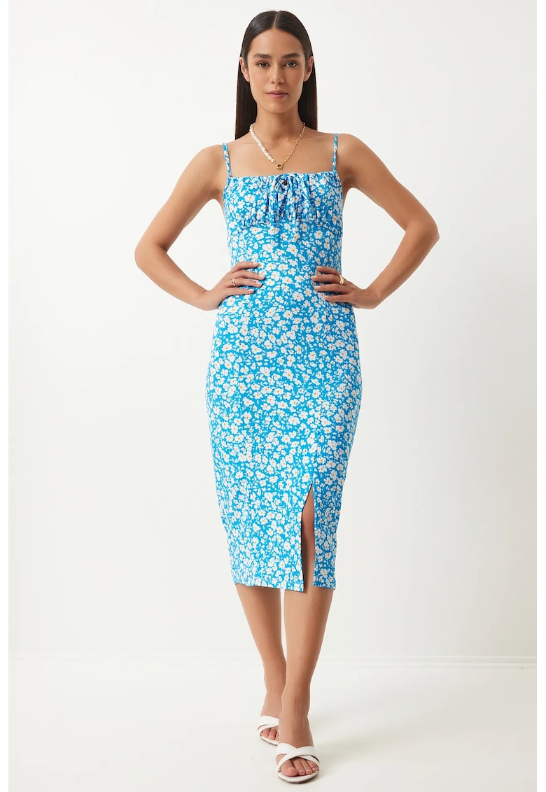 Rochie midi - Happiness Istanbul - model floral - poliester/elastan - albastru