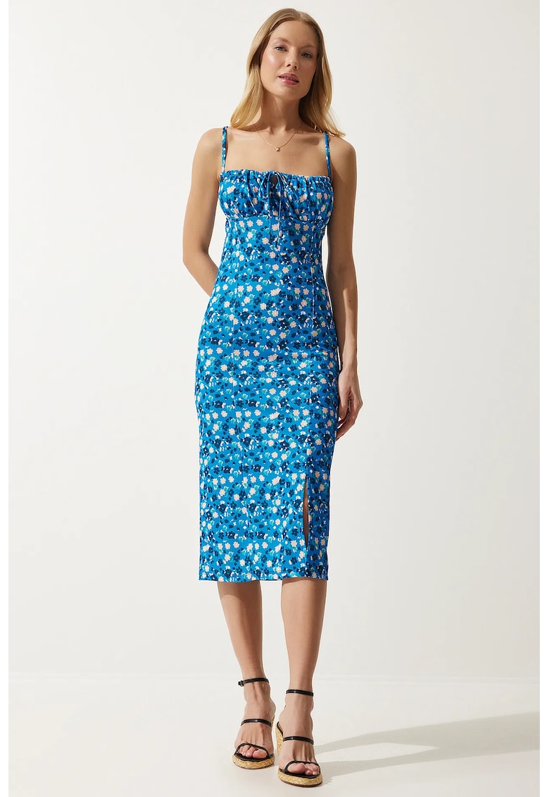 Rochie Midi - Happiness Istanbul - Model Floral - Albastru - Poliester/Elastan -